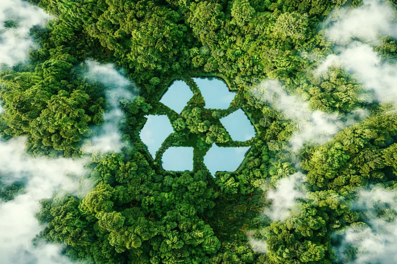 Aerial view of a dense green forest with a central clear area shaped like a recycling symbol containing water.