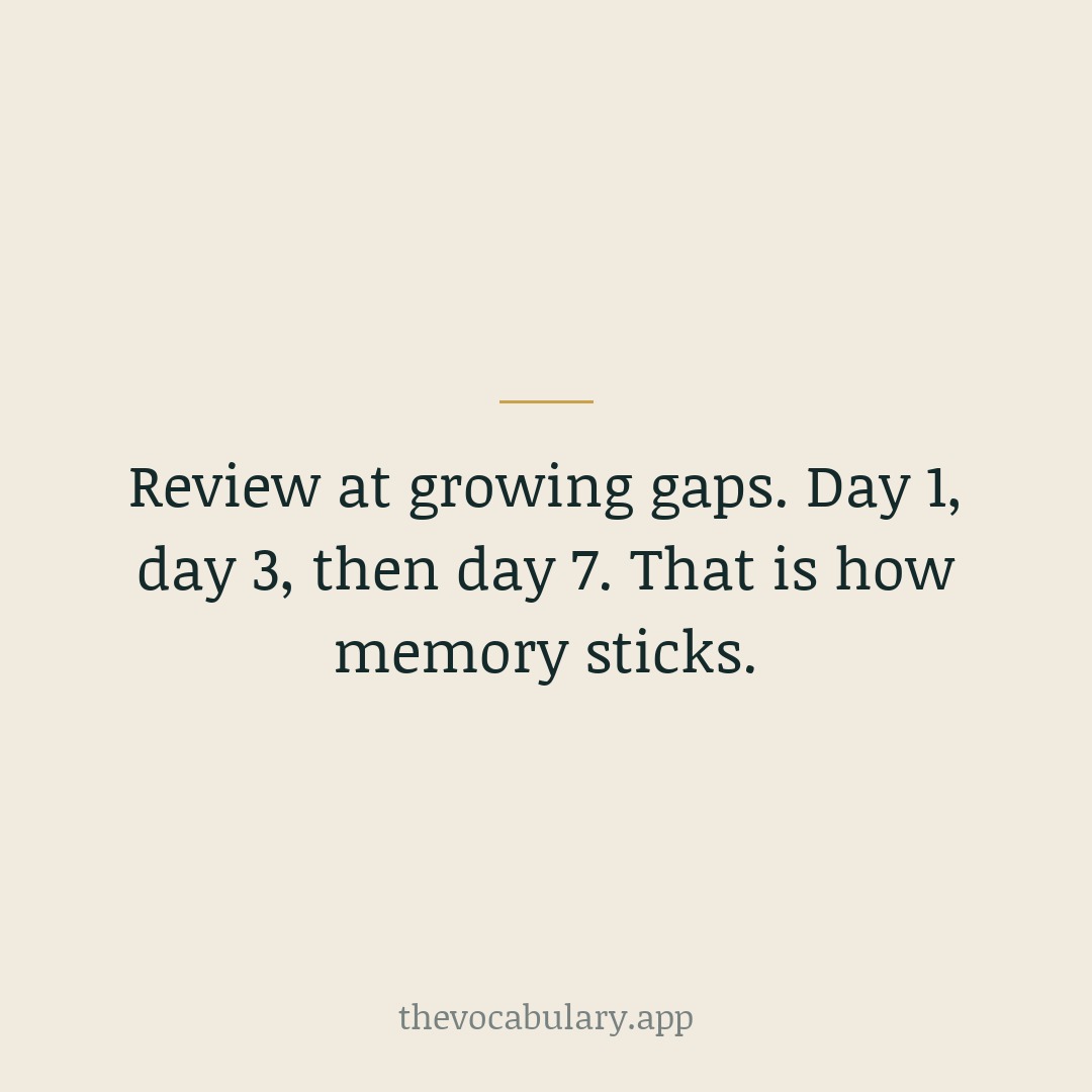Review at growing gaps — day 1, day 3, then day 7 — that is how memory sticks