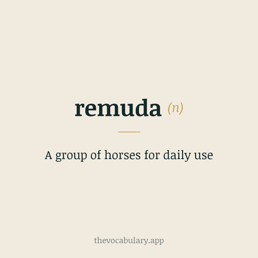A group of horses for daily use — From American Spanish remuda, from remudar meaning 'to exchange' (from re- + mudar, from Latin mutare).