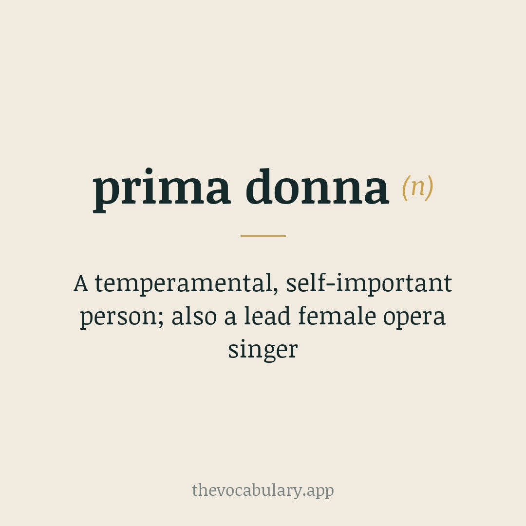 A temperamental, self-important person; also a lead female opera singer — From Italian lit., “first lady”; prima “first” + donna “lady.”.