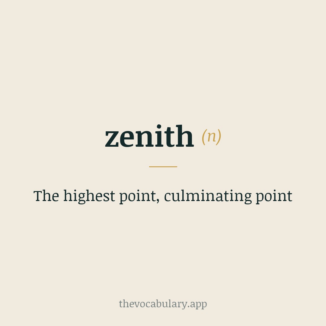 The highest point, culminating point — From Middle English 'cenyth' (via French, Latin, Spanish) and Arabic samt (al-ra's) meaning 'overhead path'.