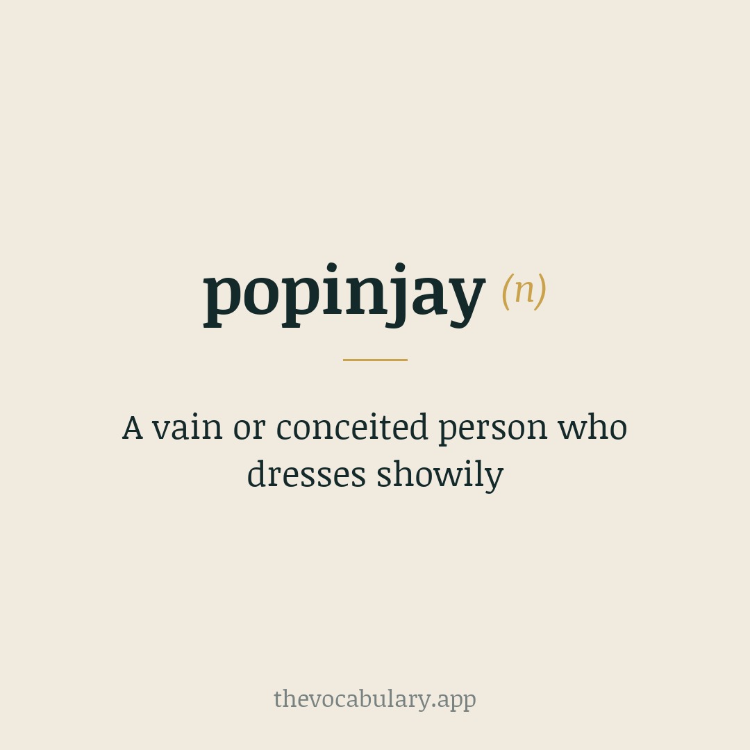 A vain or conceited person who dresses showily — From Middle English papejay ← Old French papegai ← Spanish papagayo ← Arabic babghāʾ ‘parrot’.