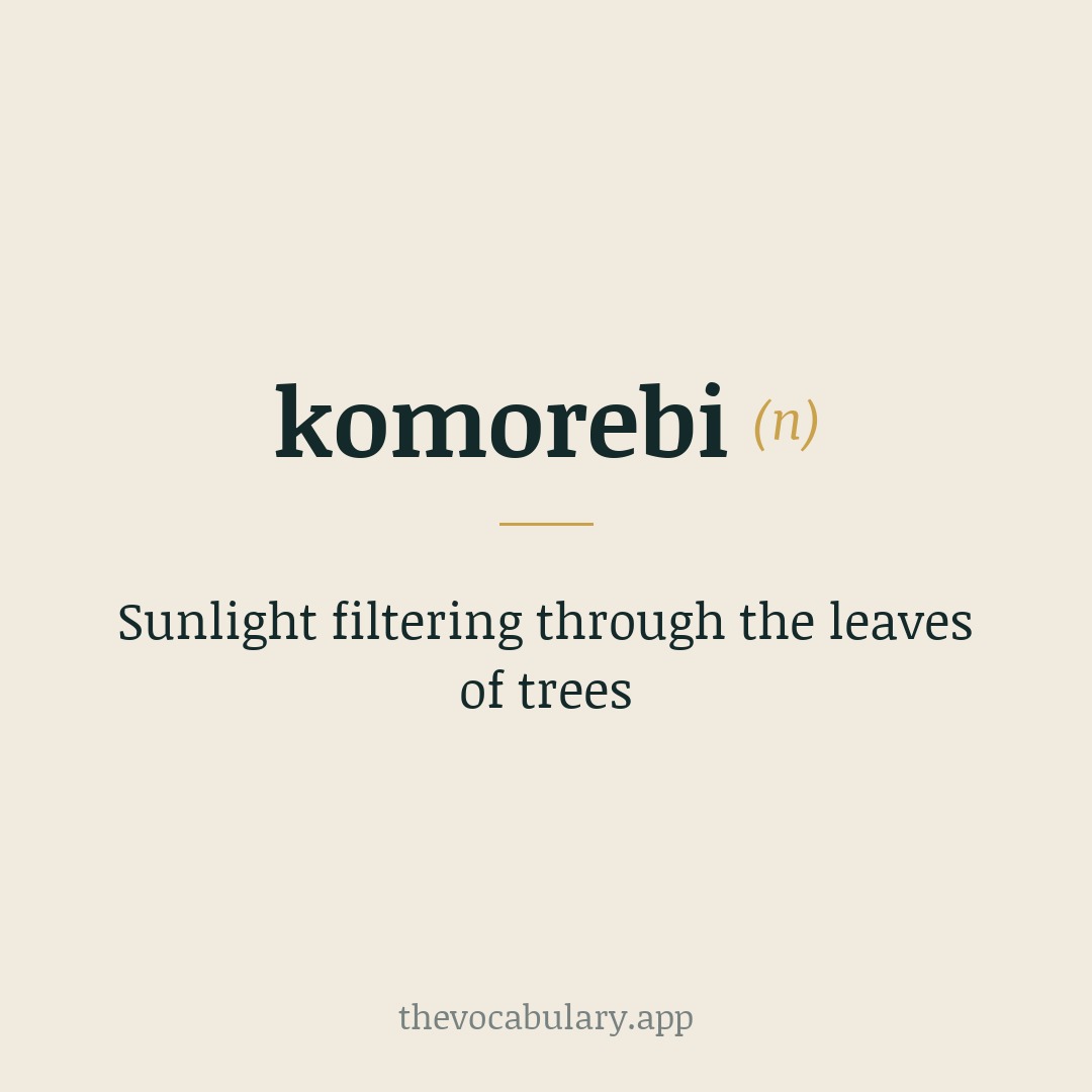 Sunlight filtering through the leaves of trees — From Japanese 木(ko) ‘tree’ + 漏れ(more) ‘to leak/filter’ + 日(bi) ‘sunlight/day’.