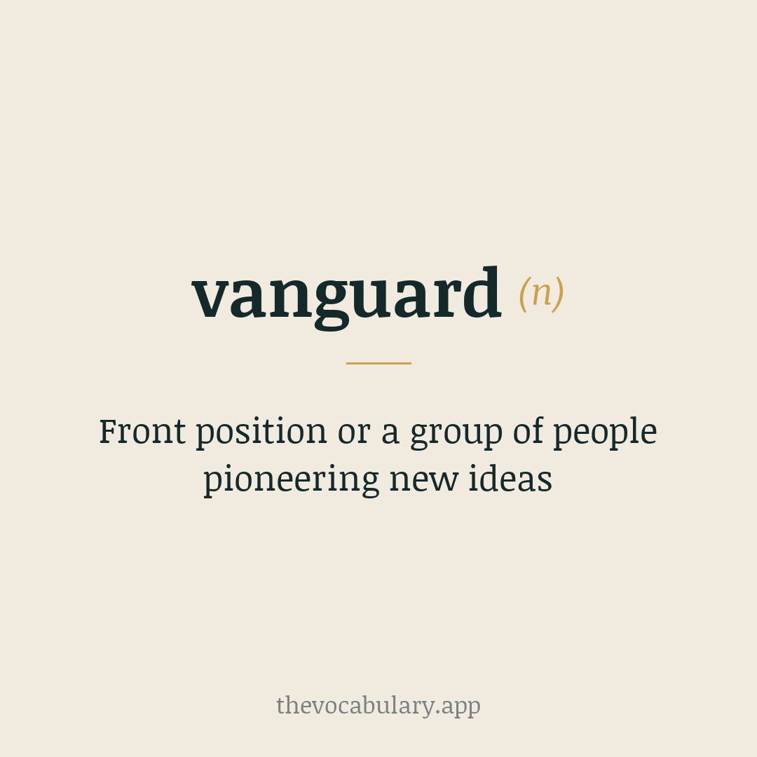 Front position or a group of people pioneering new ideas — Anglo-French vantgarde/avantgarde: avant- ('fore' from Late Latin abante) + garde ('guard').