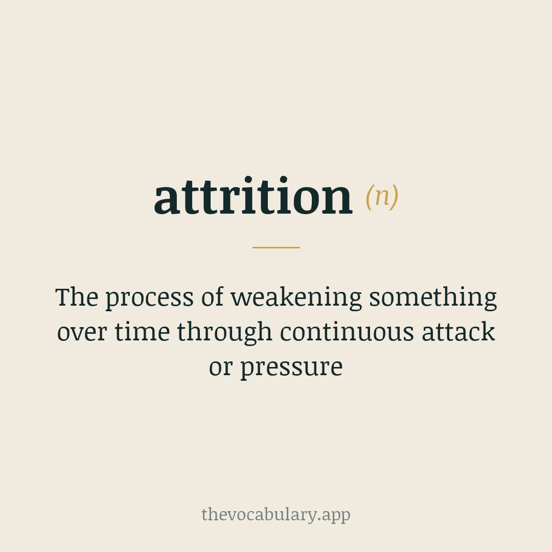 The process of weakening something over time through continuous attack or pressure — Borrowed from Late Latin attrītiōn, from Latin atterere (at- + terere) meaning 'to rub, wear away'.