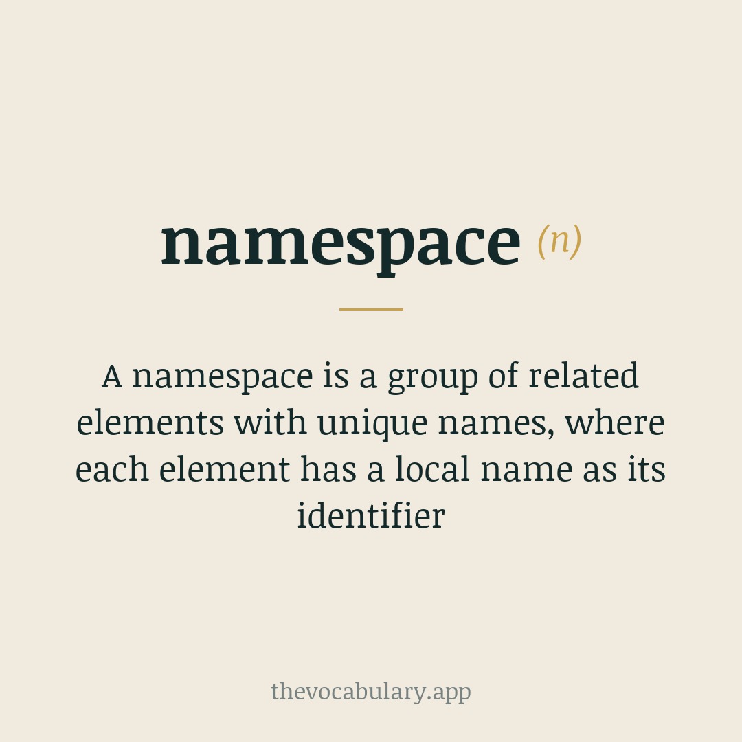 A namespace is a group of related elements with unique names, where each element has a local name as its identifier — From 'name' + 'space', denoting a scope for identifiers.