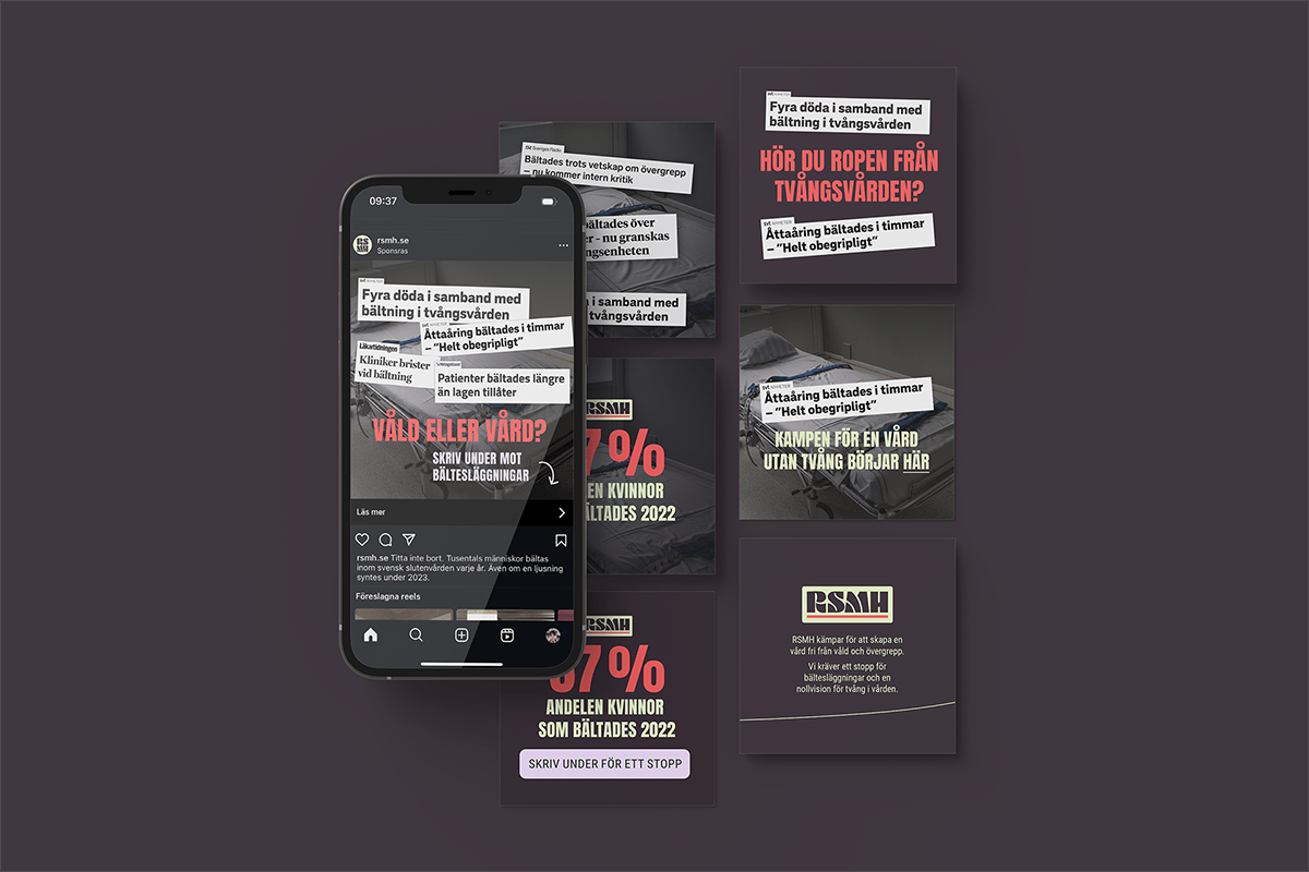 En mobiltelefon och flera digitala annonser från RSMH:s kampanj mot bältesläggning med rubriker och budskap om tvångsvård.