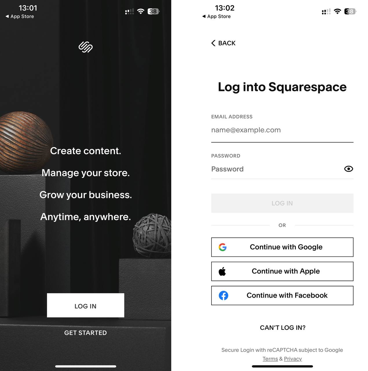 Squarespace Log in app