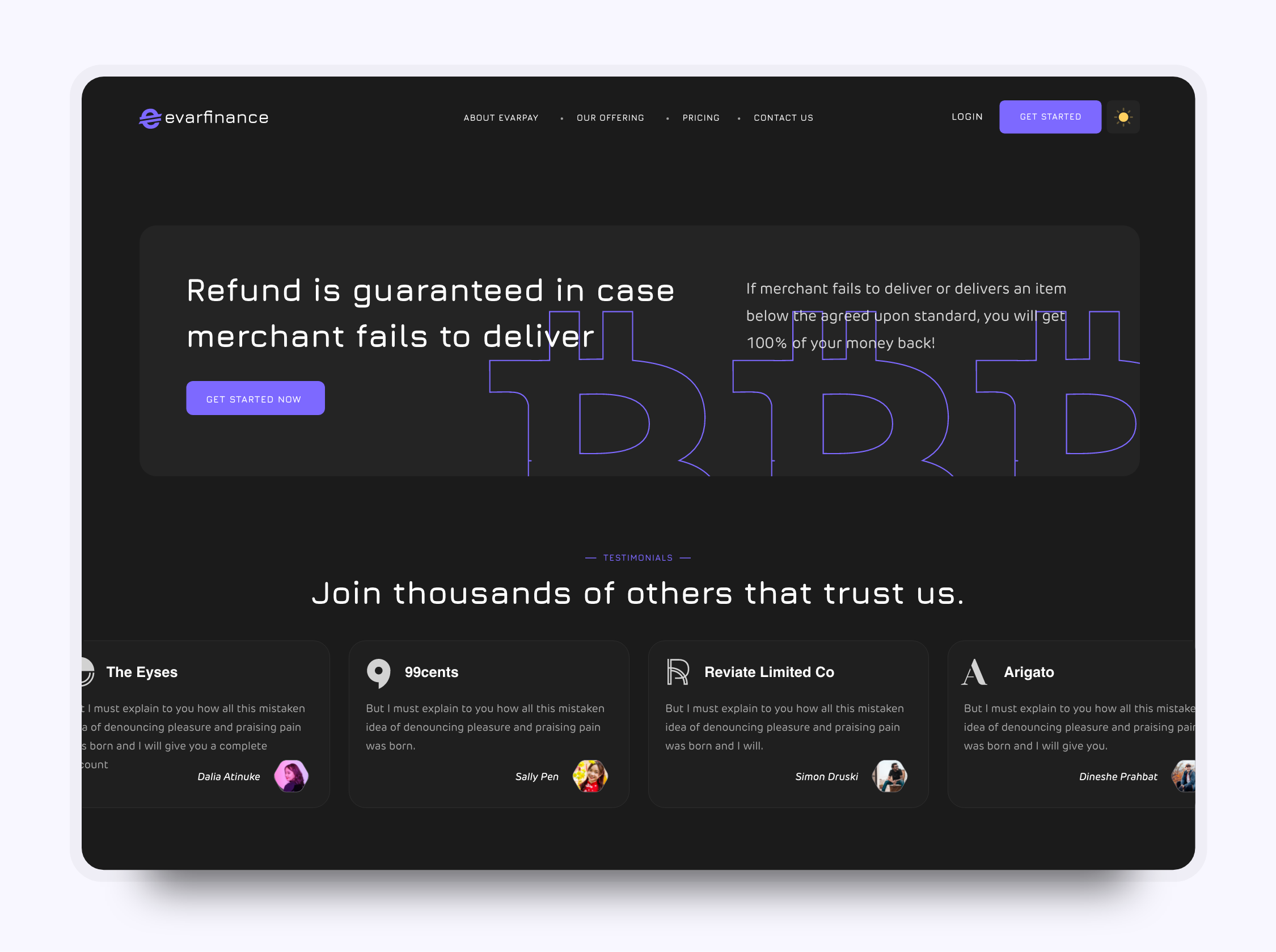 CTA and Testimonials section in the Evarfinance website