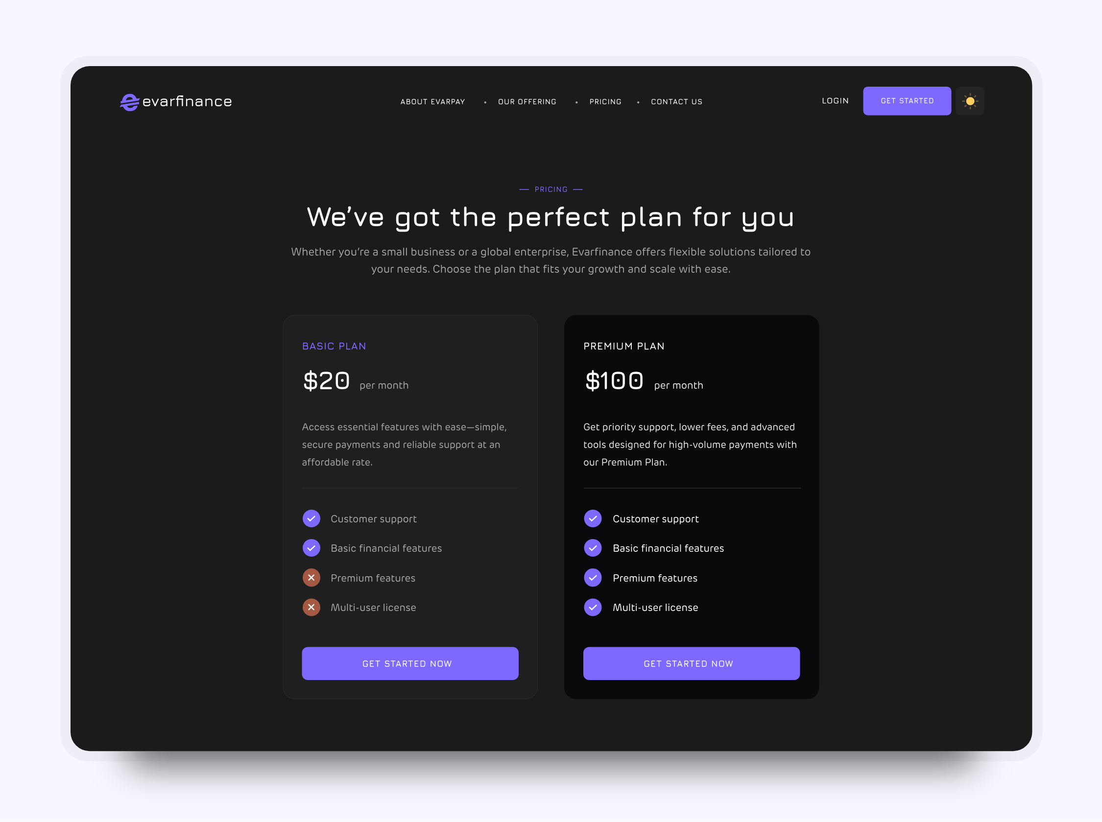 0.5 Pricing section in the Evarfinance website