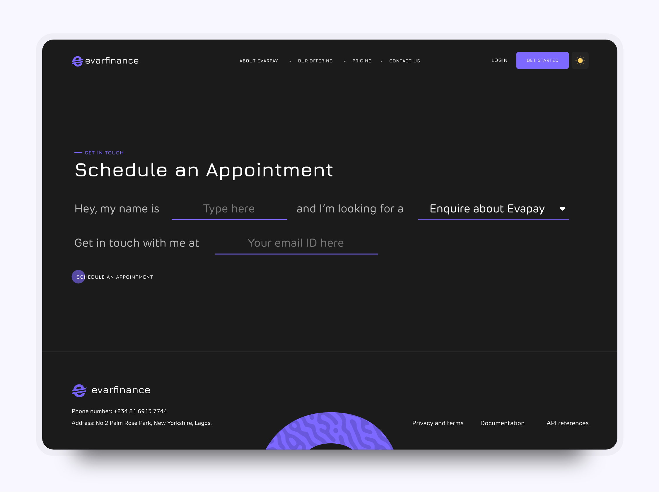 0.6 Schedule an Appointment section in the Evarfinance website