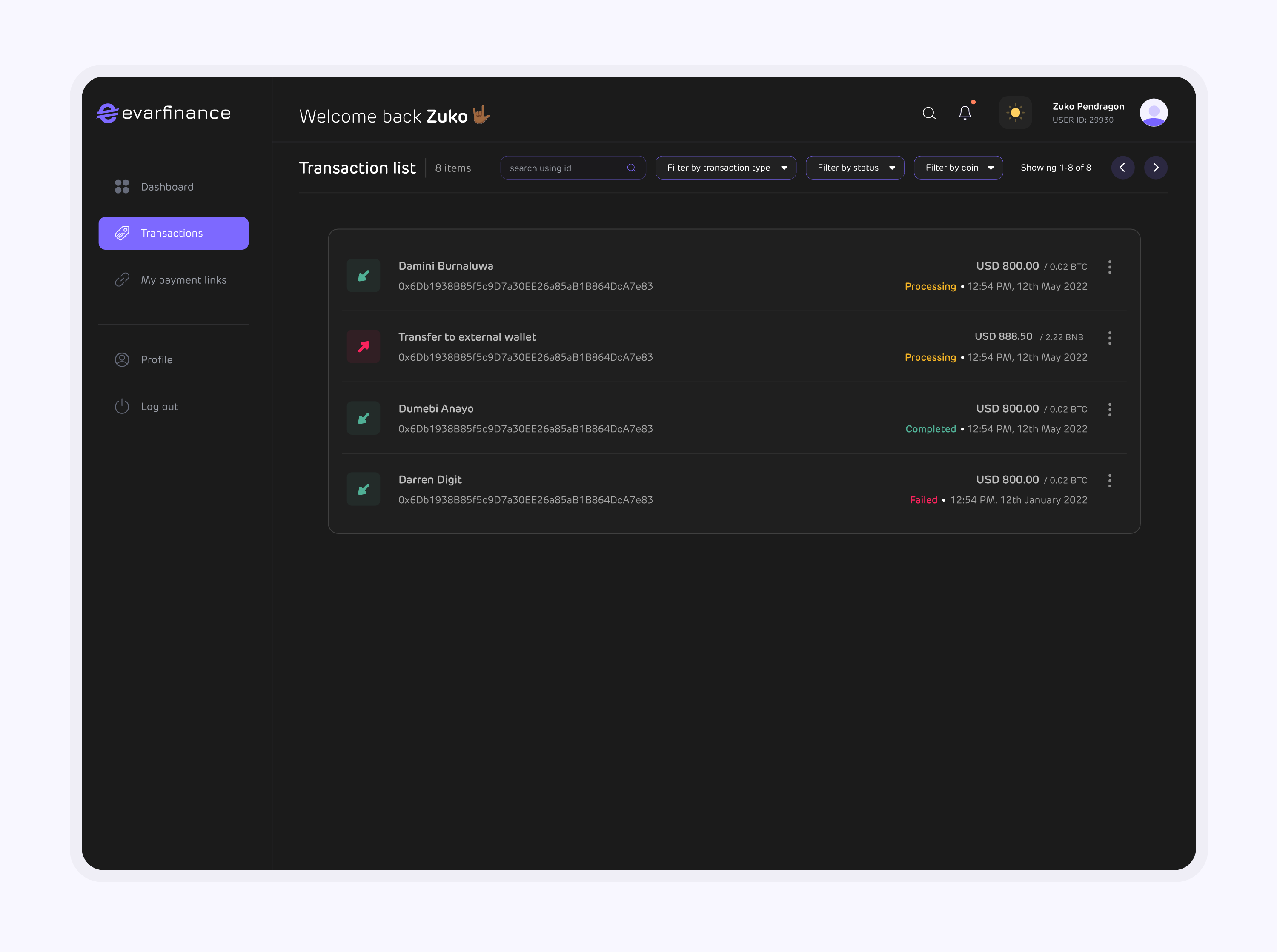 0.9 Evarfinance transactions screen