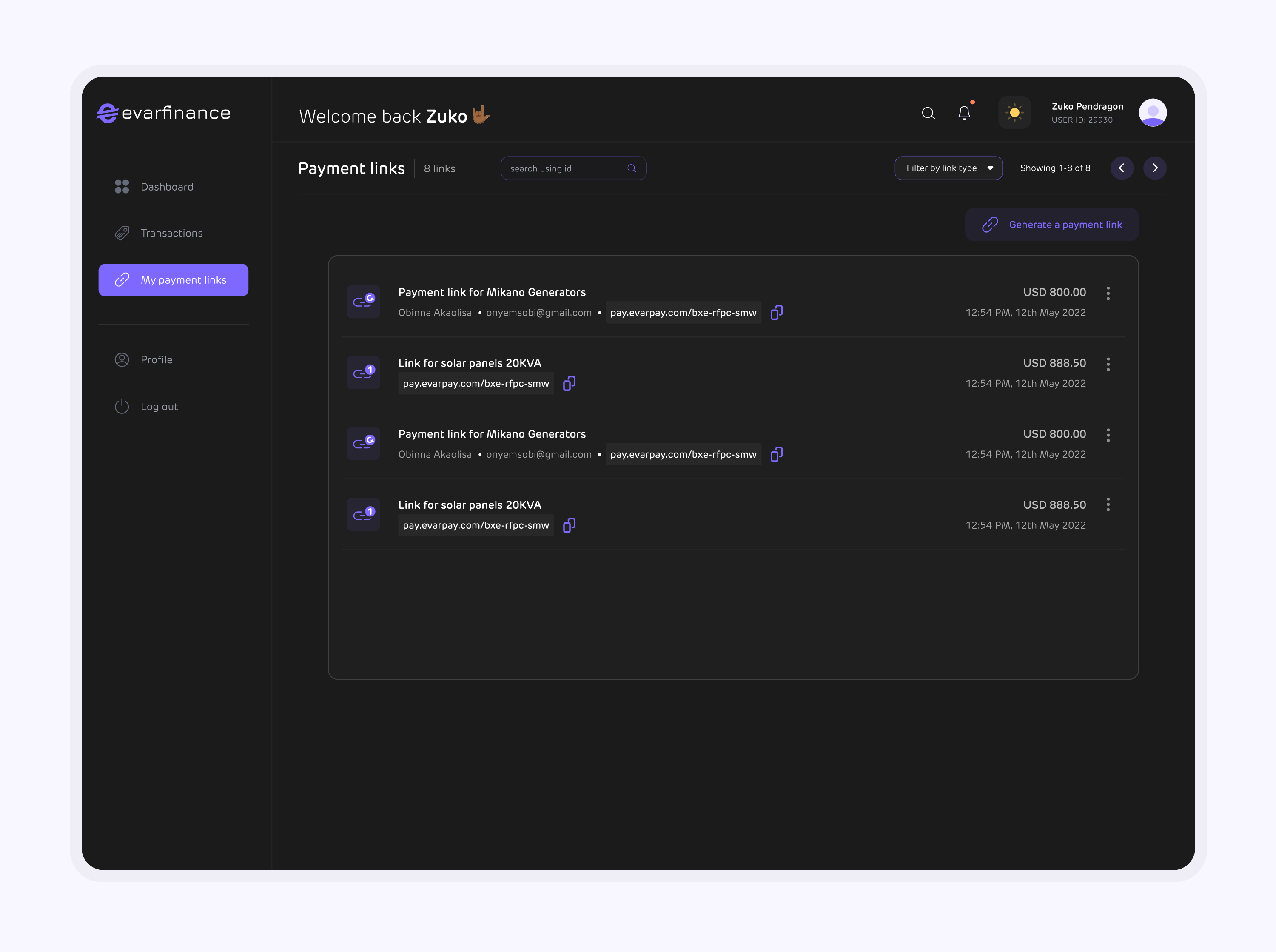 0.9 Evarfinance transactions screen