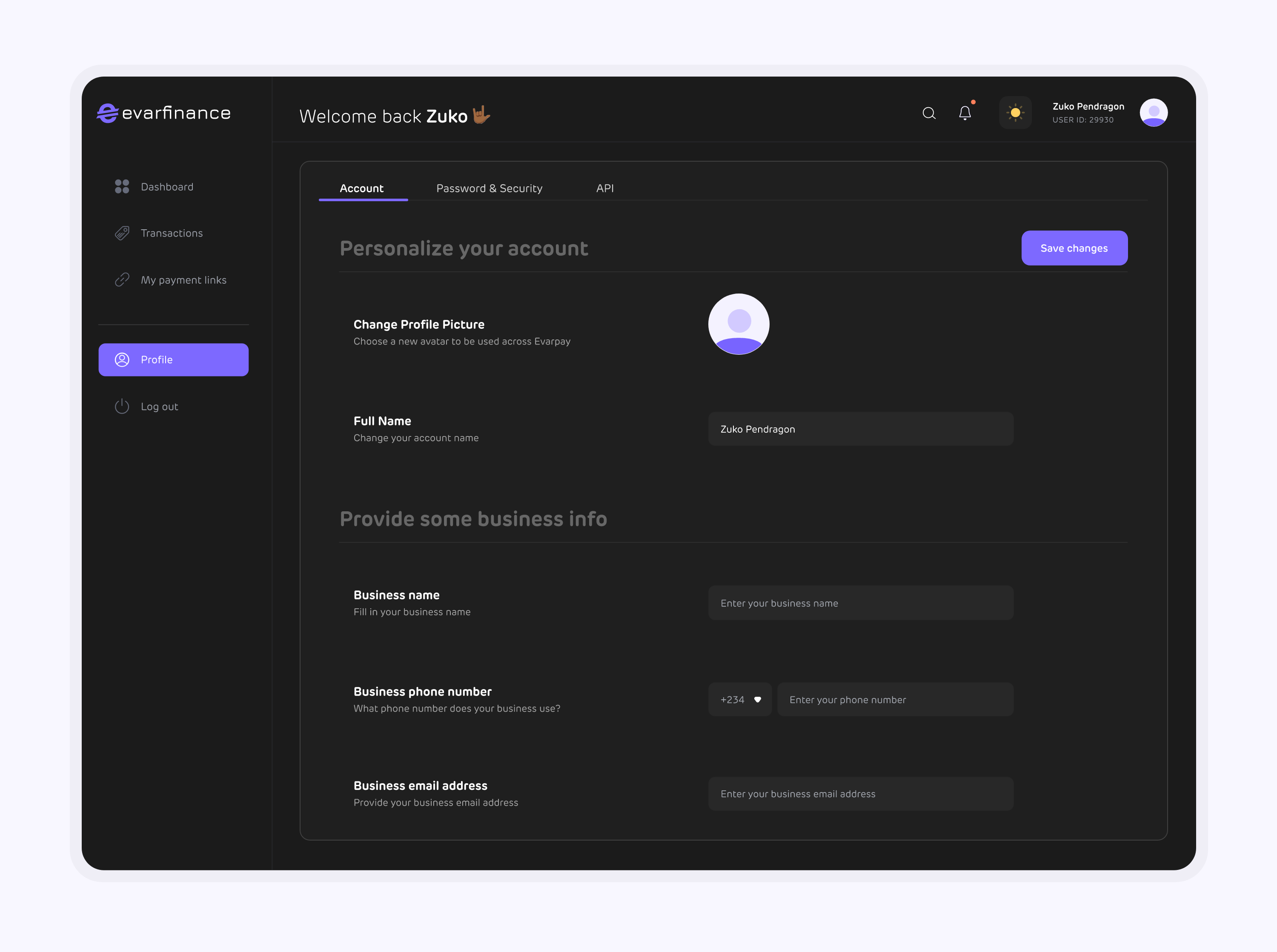 1.2 Evarfinance Profile screen