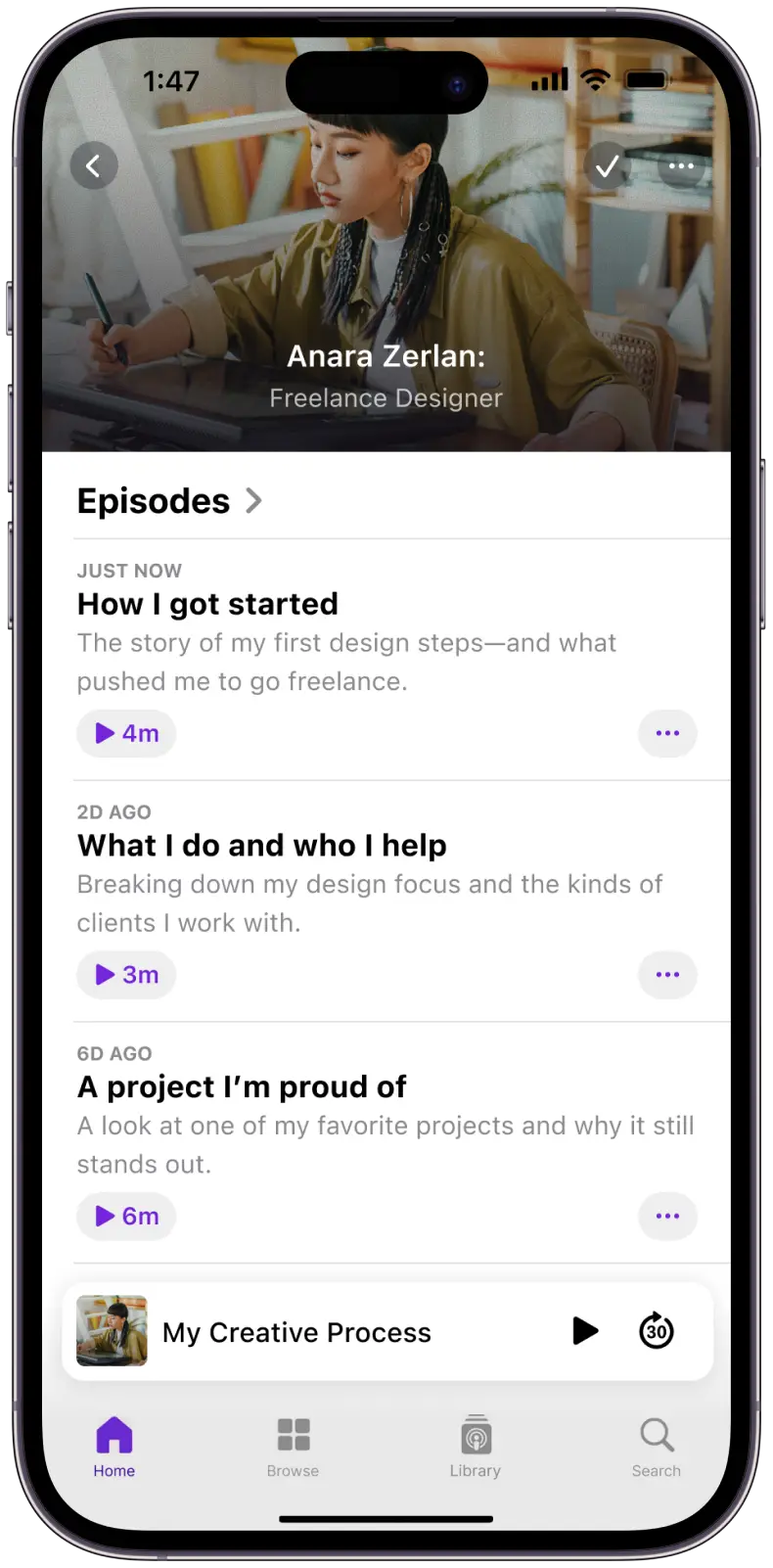 A podcast episode list for a freelance designer