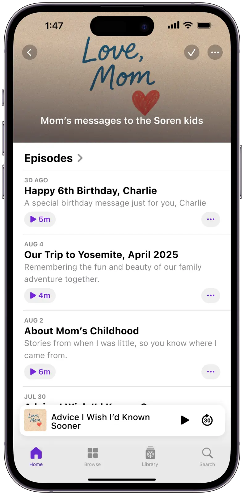 A podcast episode list for a mom to her kids