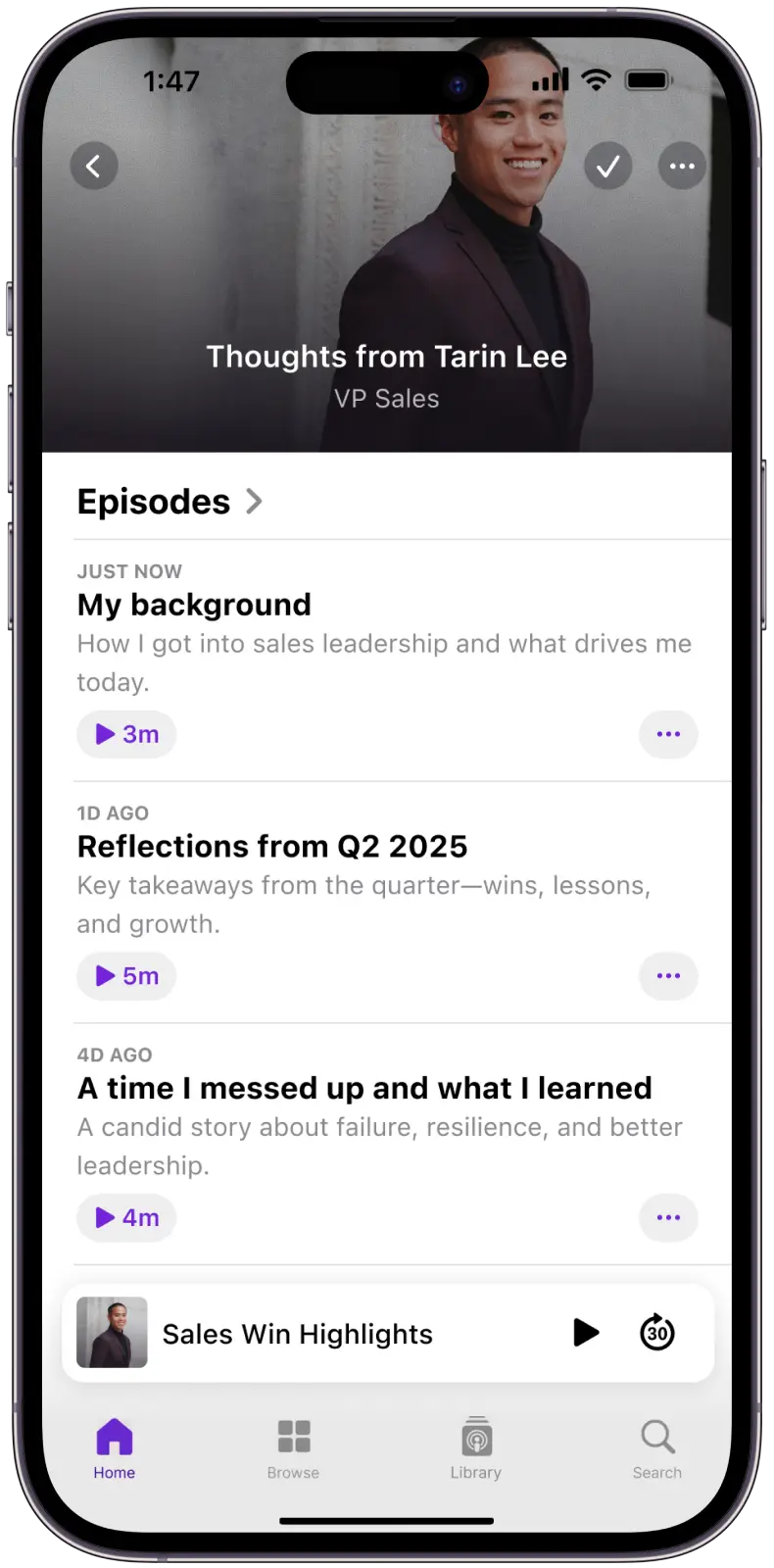 A podcast episode list for a VP of sales