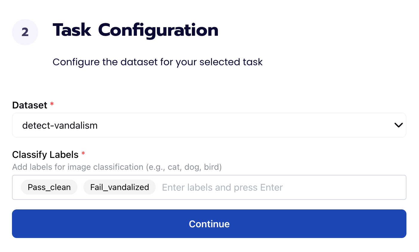 Task Configuration form with Classify Labels Pass_clean and Fail_vandalized