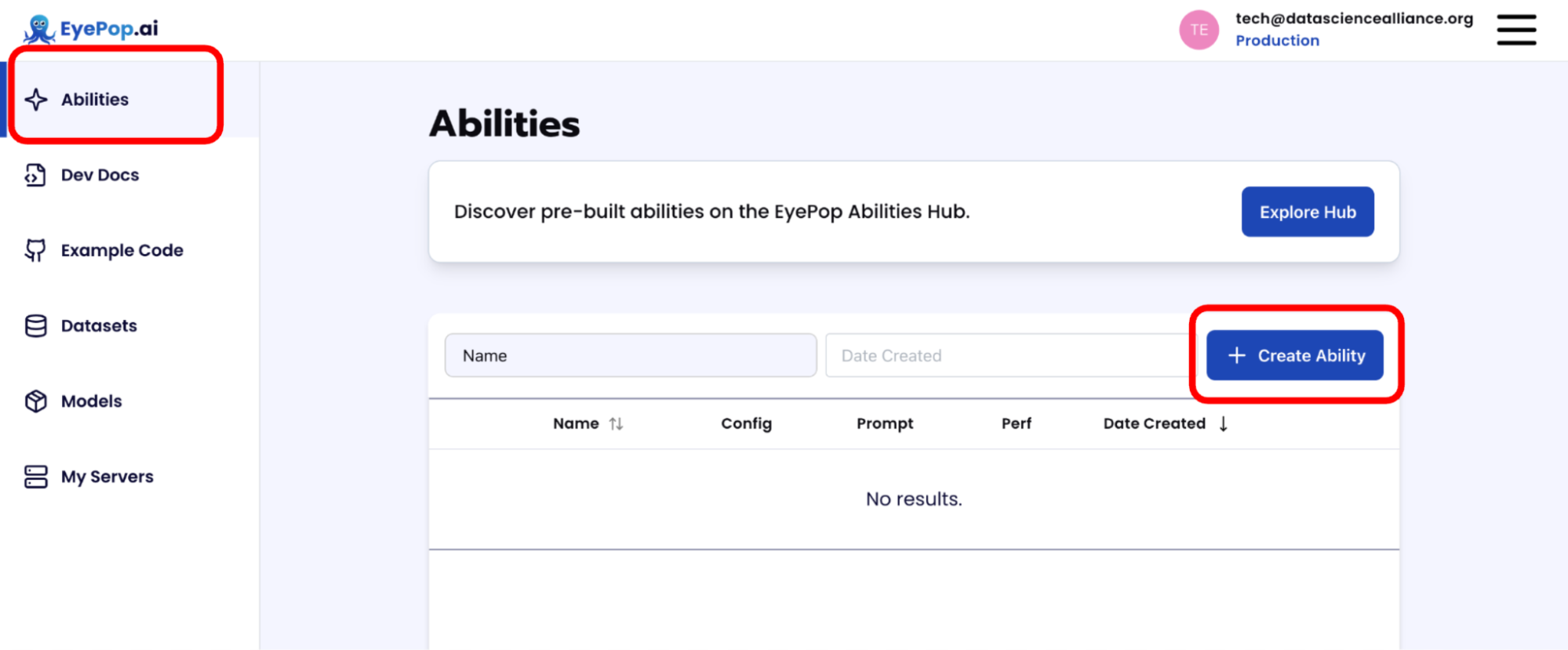 EyePop.ai Abilities tab with the Create Ability button highlighted