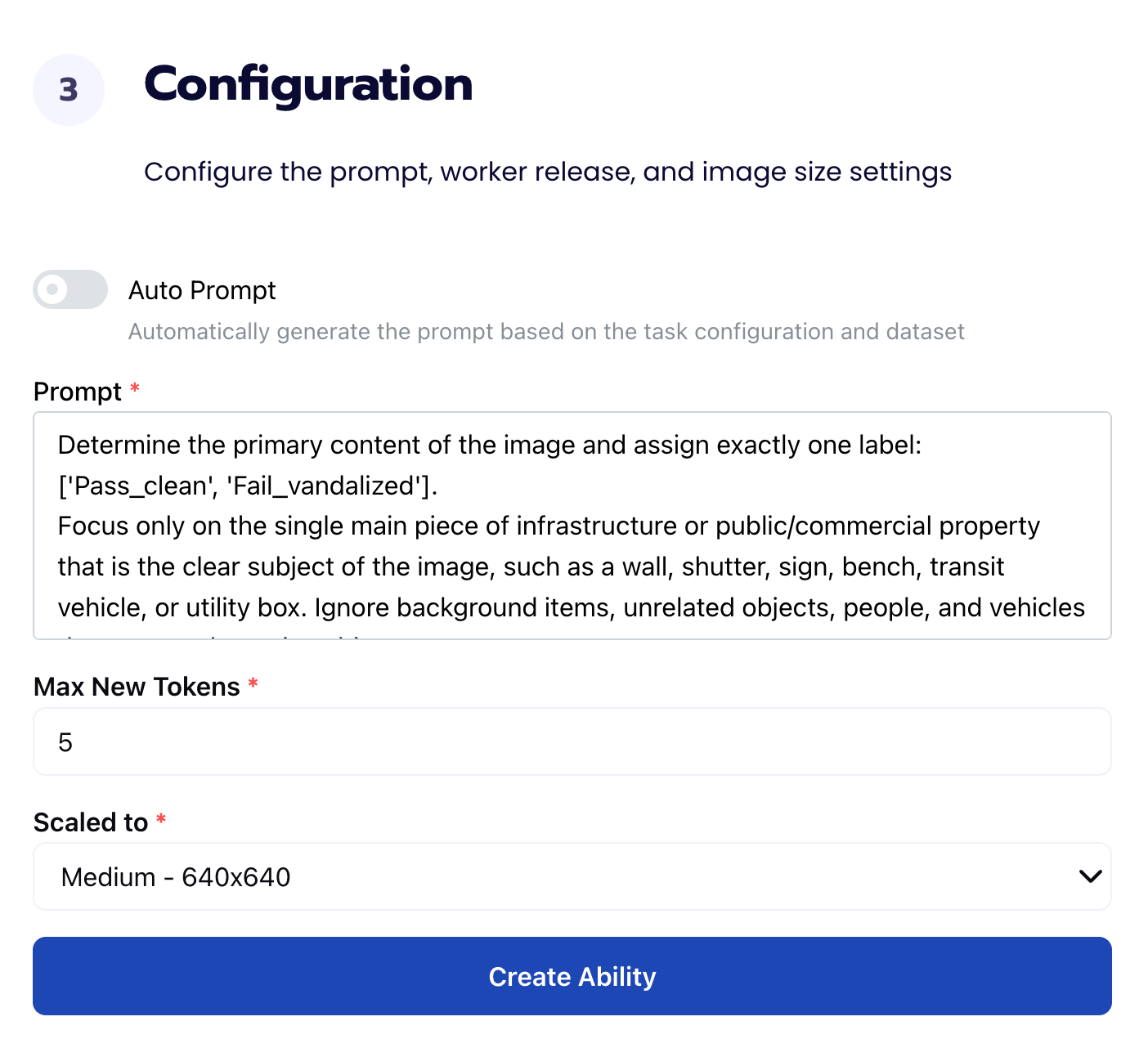 Configuration form with Prompt textarea, Max New Tokens 5, and Scaled to Medium 640x640