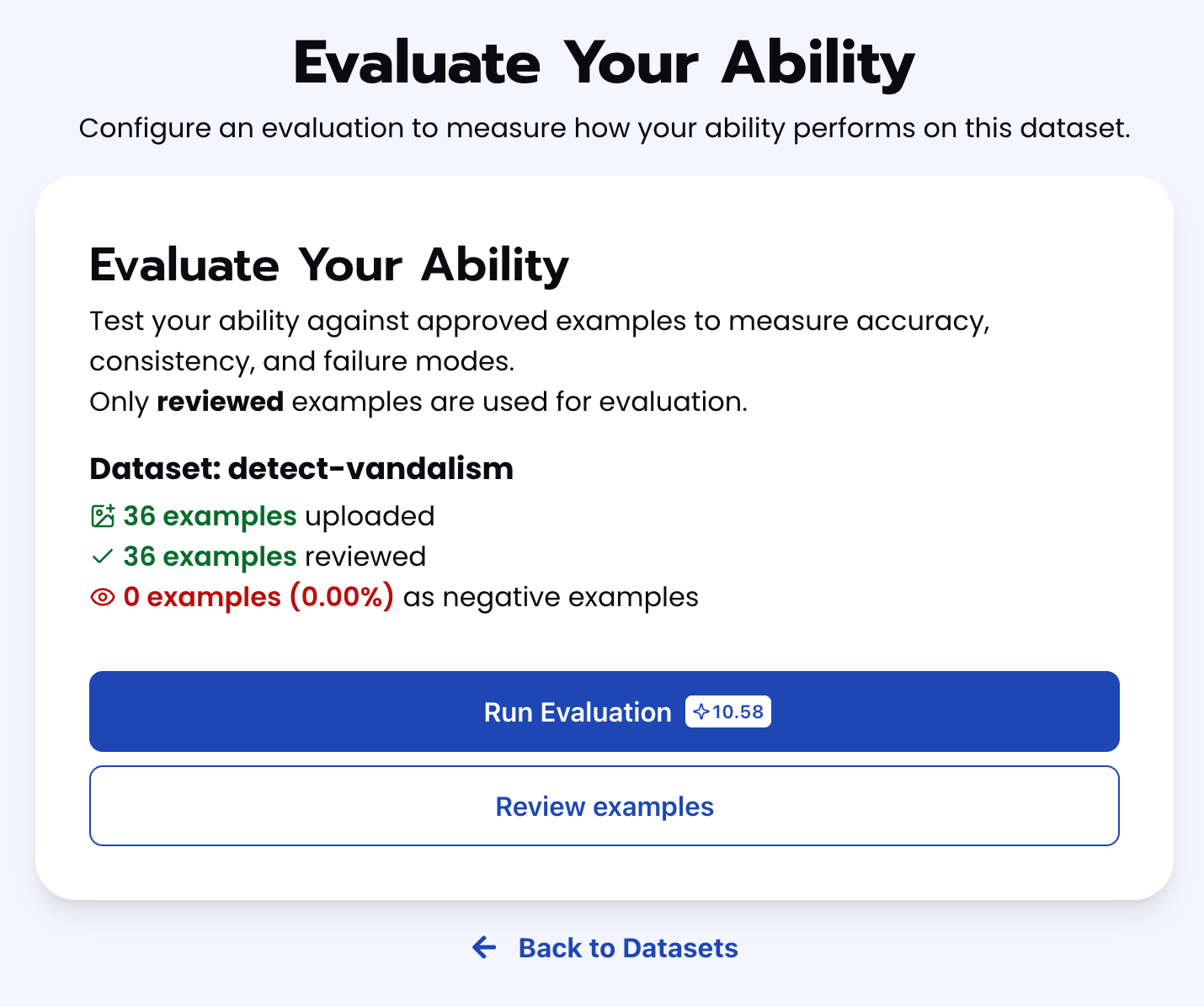 Evaluate Your Ability panel showing 36 examples uploaded, 36 reviewed, 0 negative