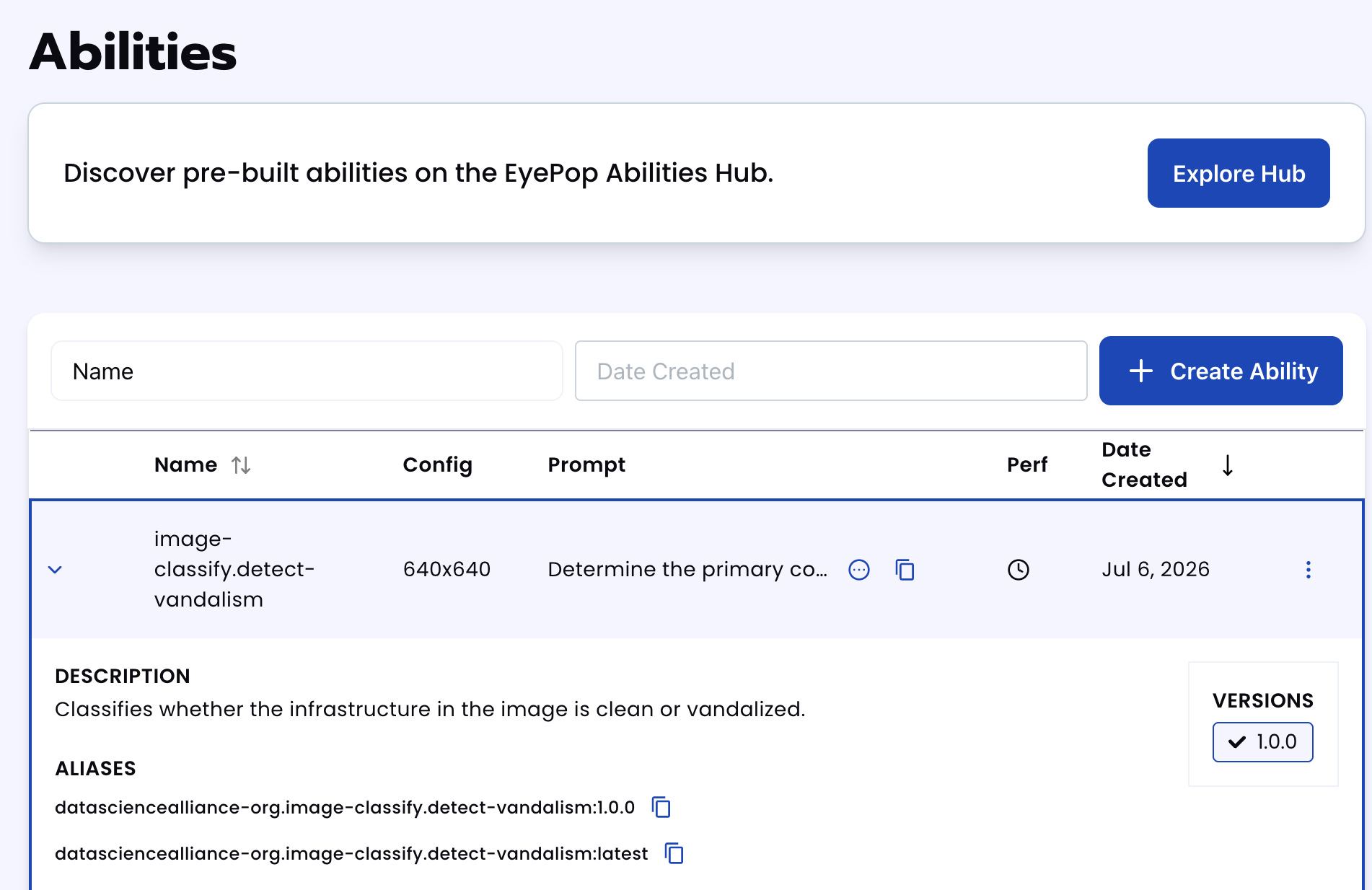Abilities list detail panel with dropdown menu open, Go to reference dataset highlighted