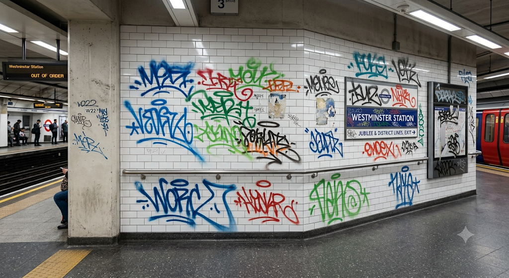 Same subway station wall covered in spray-painted graffiti tags