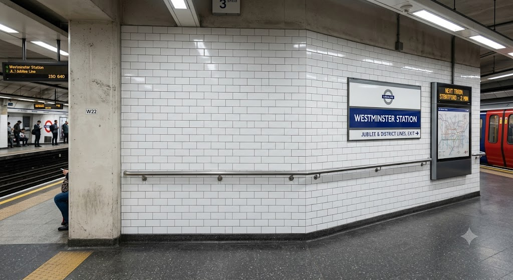 Clean, unmarked white-tiled subway station wall