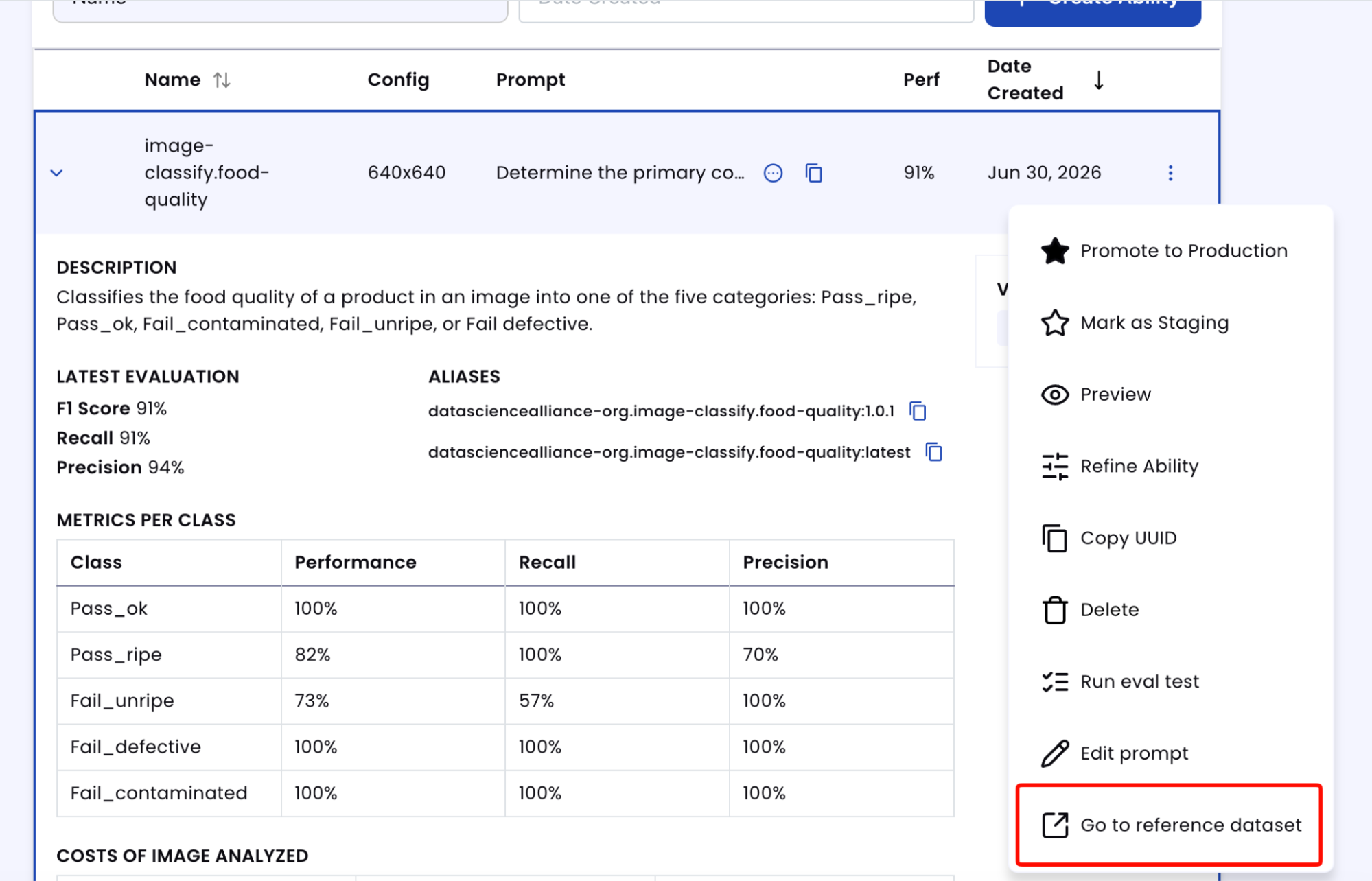 Abilities list row actions dropdown open, Go to reference dataset highlighted
