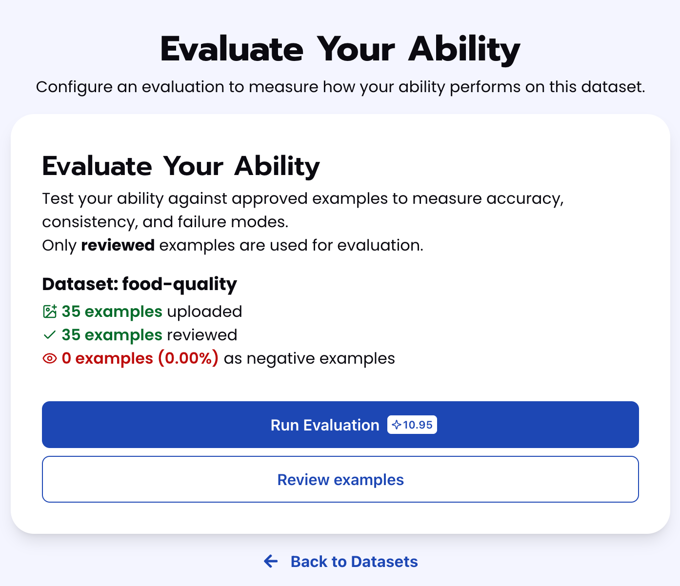 Evaluate Your Ability panel showing examples uploaded and reviewed