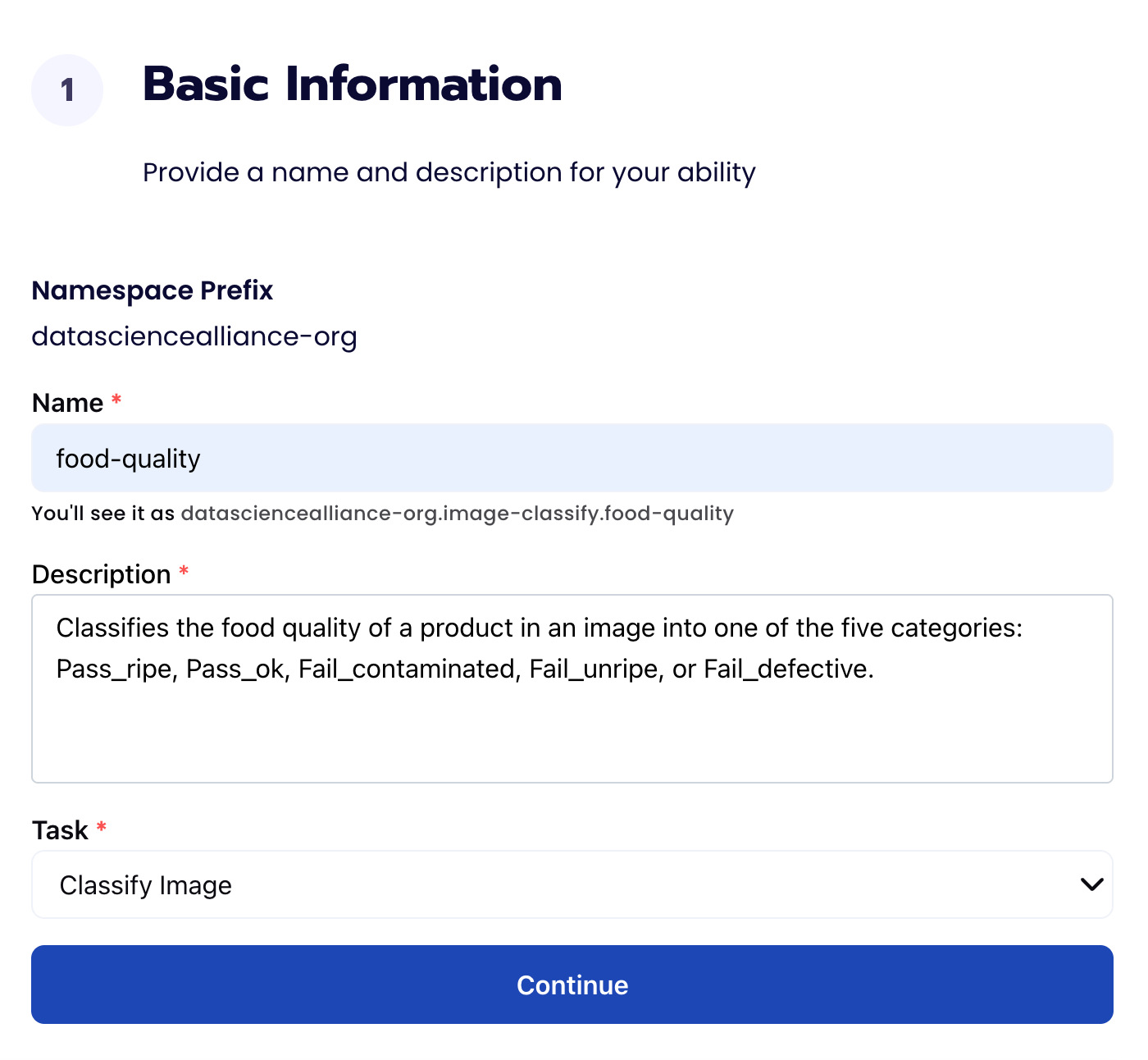 Basic Information form with Name food-quality and Task set to Classify Image