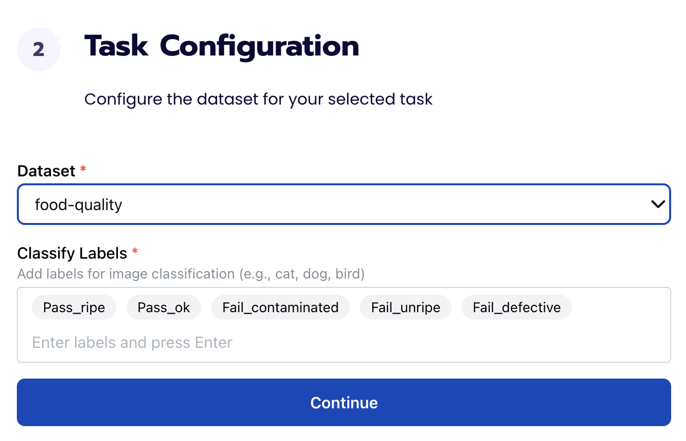 Task Configuration form with Classify Labels Pass_ripe, Pass_ok, Fail_contaminated, Fail_unripe, Fail_defective