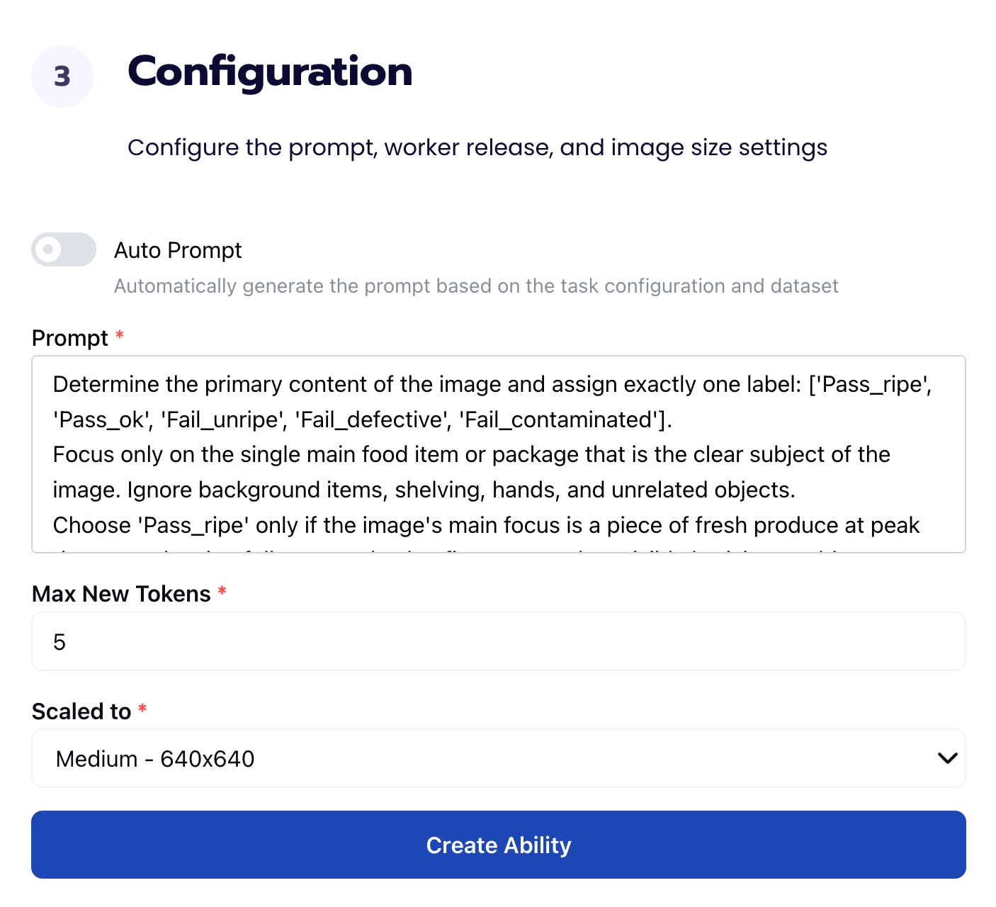 Configuration form with prompt textarea, Max New Tokens 5, Scaled to Medium 640x640