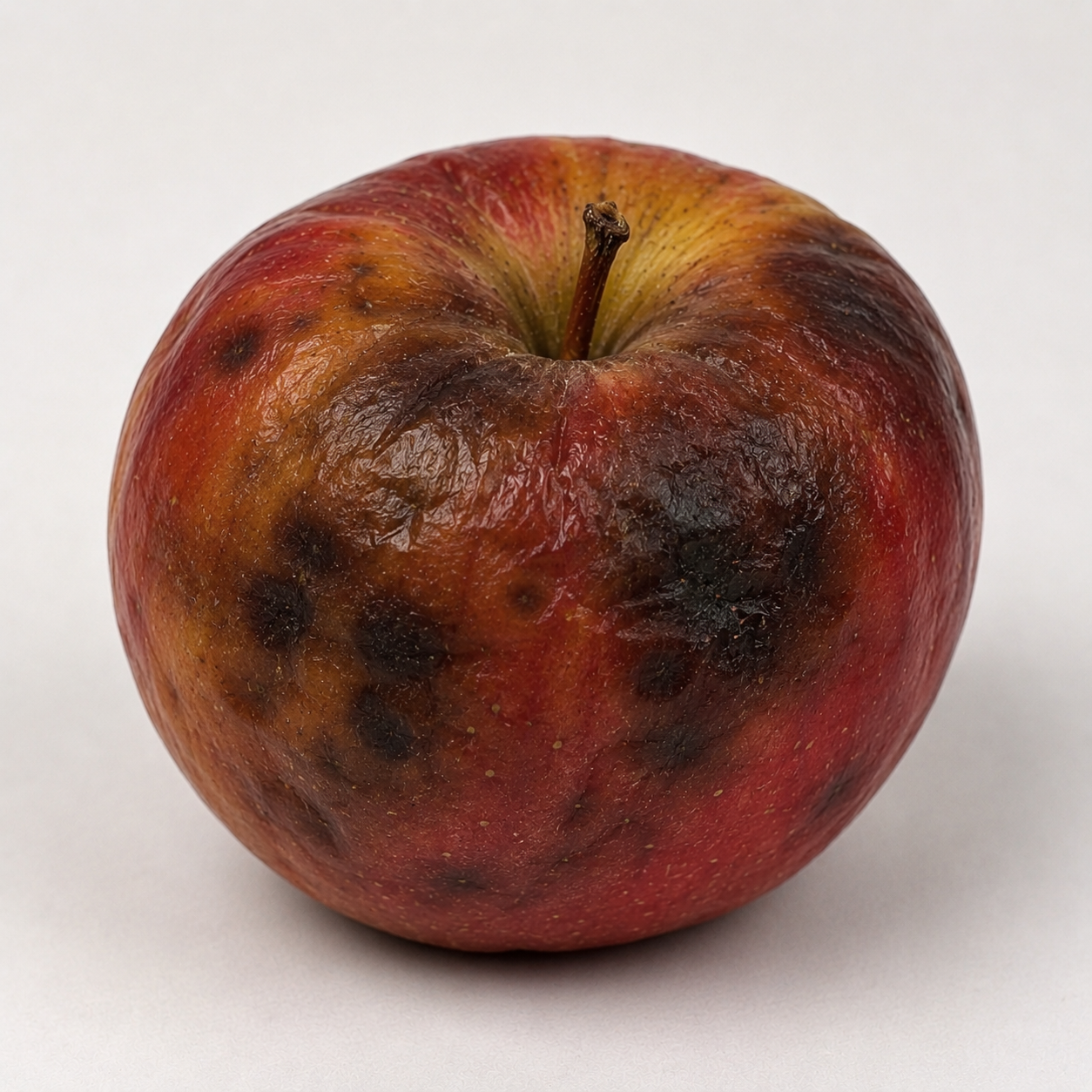 Moldy, bruised apple showing contamination