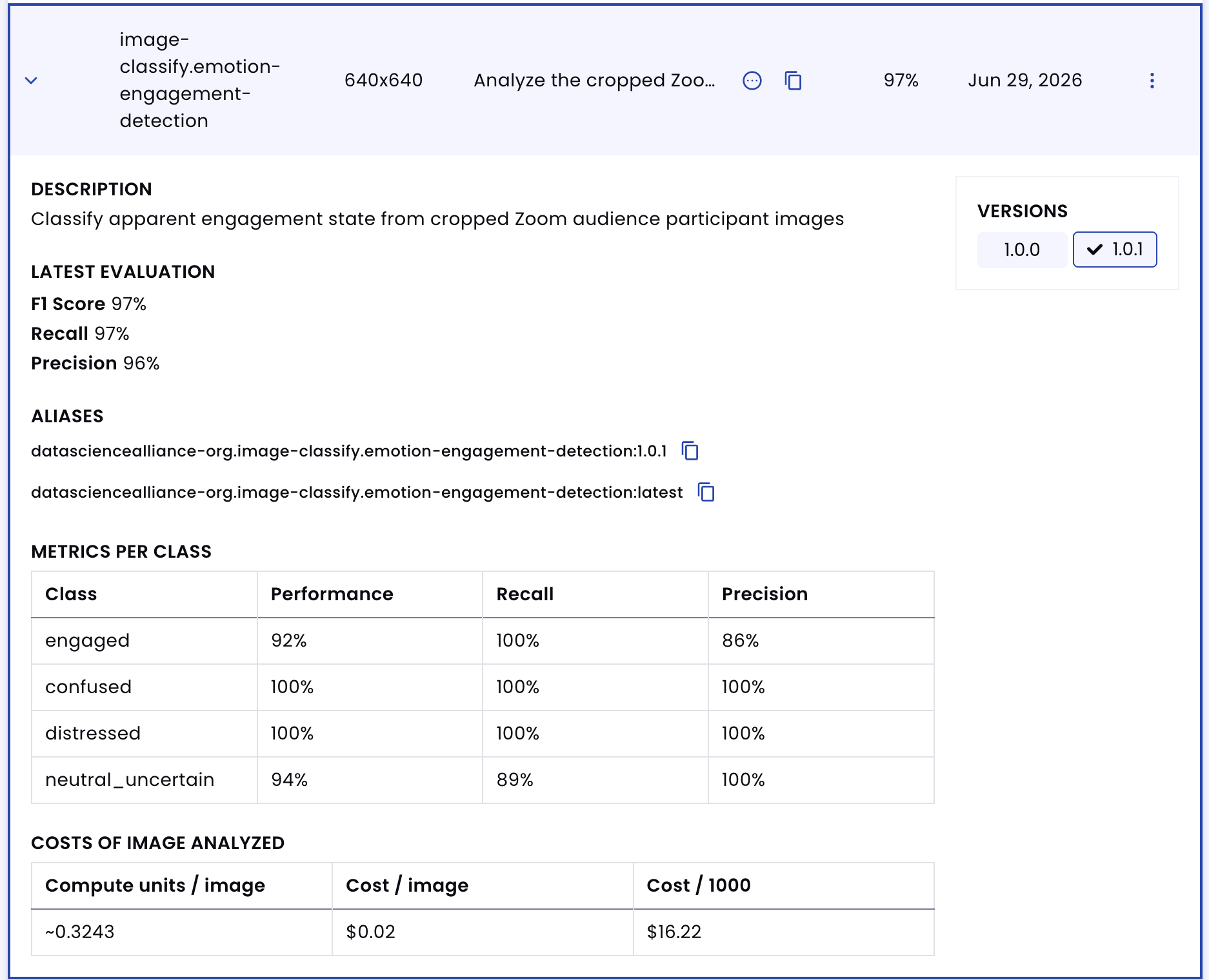 Abilities list detail panel showing description, evaluation metrics, aliases, and versions