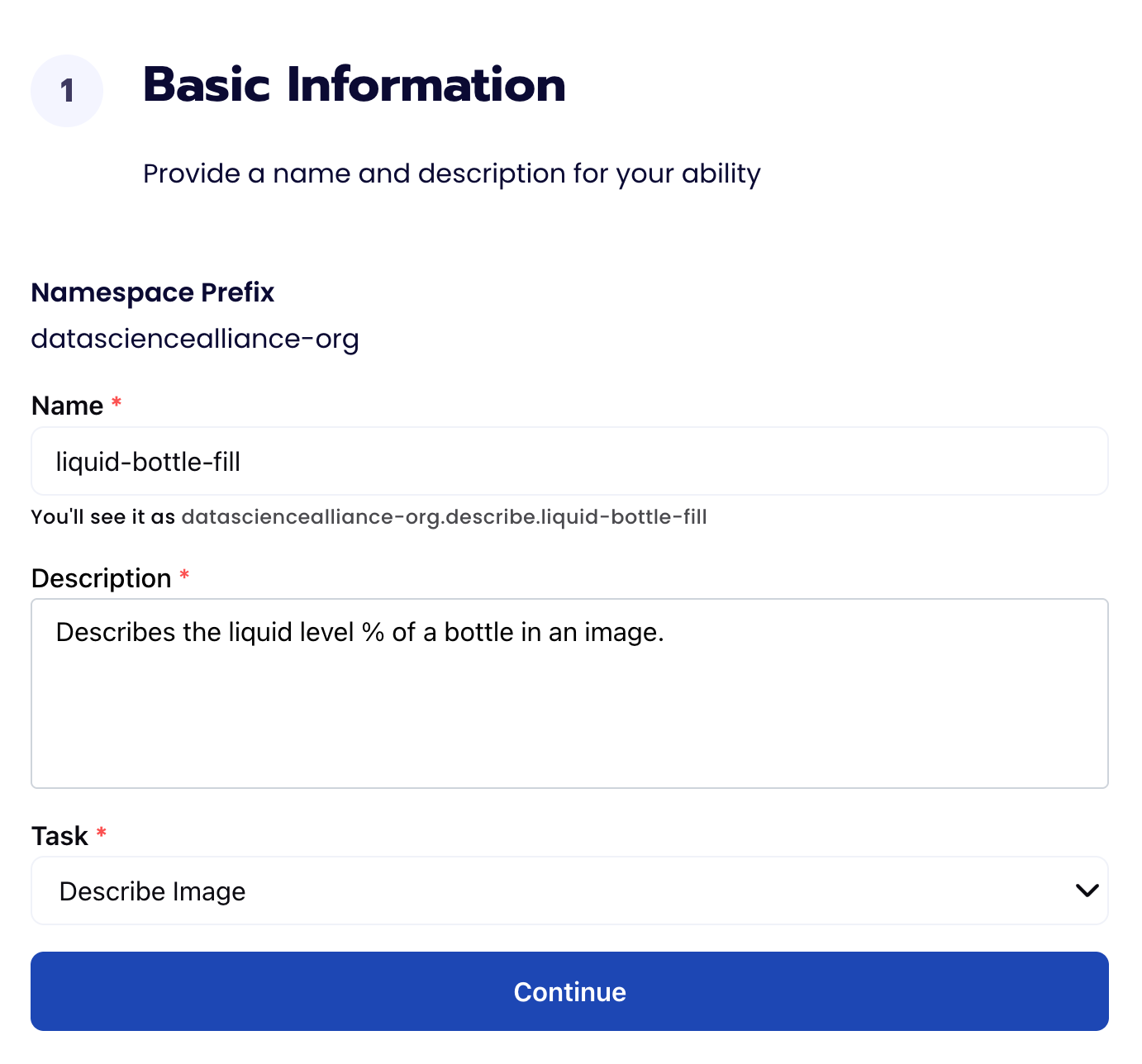 Basic Information form with name and description fields filled in