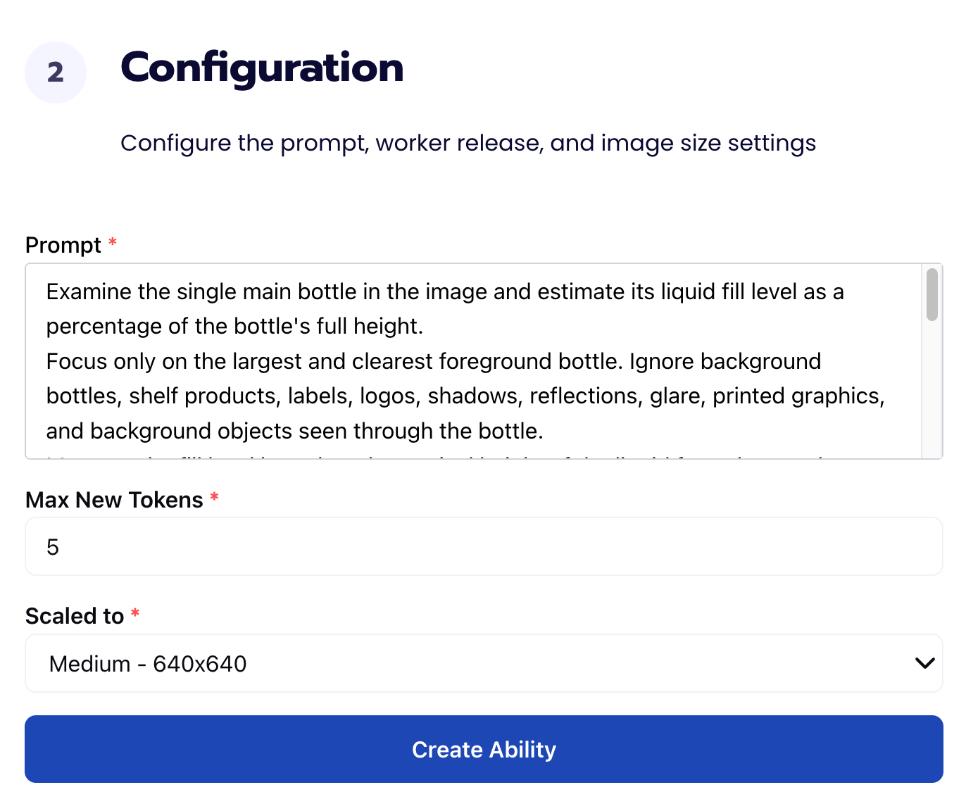 Configuration screen showing the prompt, max new tokens, and scaled-to image size settings