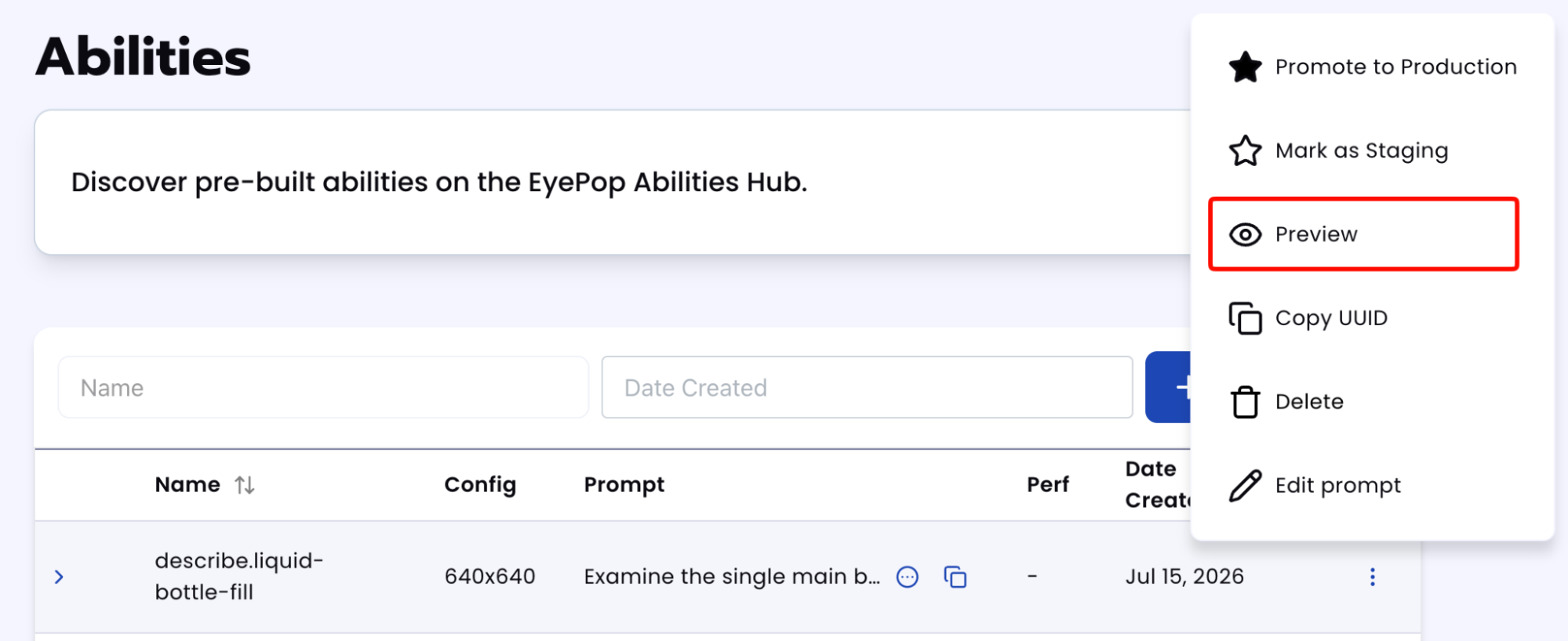 Abilities list with the Preview option highlighted in the row context menu