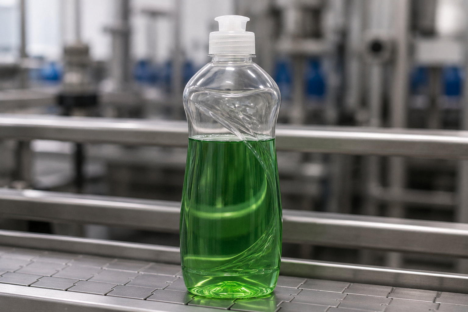 Bottle with green liquid on a production line, used to estimate fill level