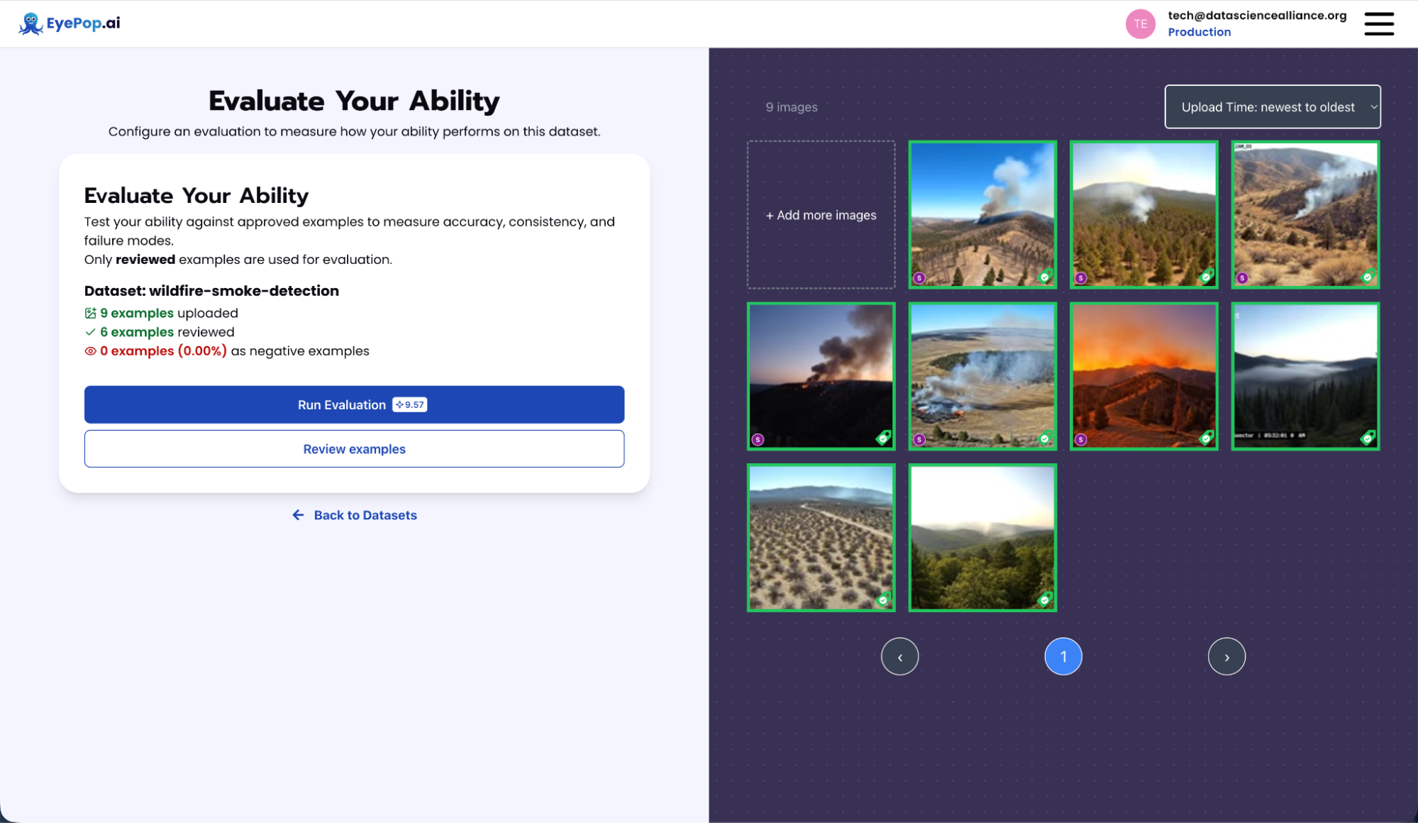Evaluate Your Ability screen showing a wildfire-smoke-detection dataset with a grid of fire watch tower photos, some showing visible smoke plumes and fire
