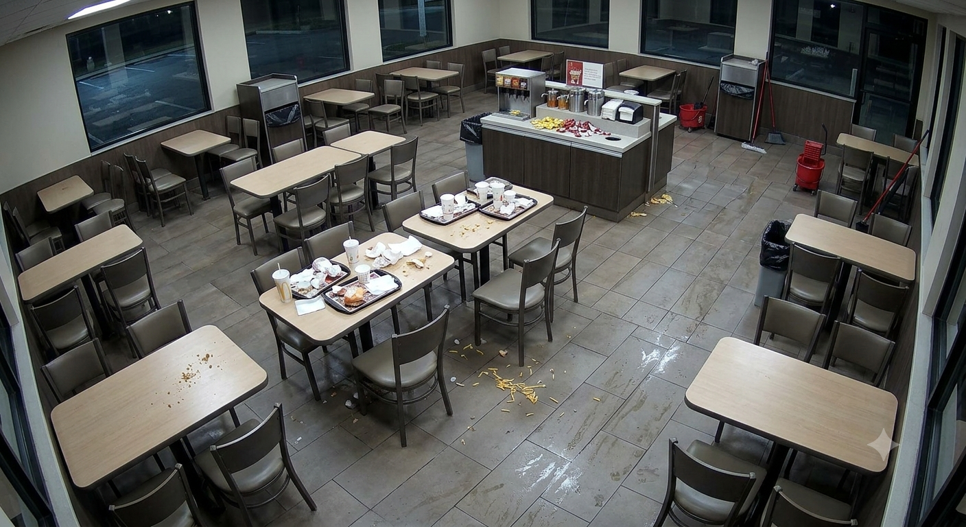 QSR dining room with dirty tables, food debris on the floor, and a messy condiment station