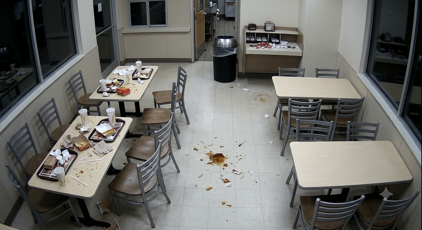 Very messy QSR dining room with dirty tables, trash, and a food spill on the floor