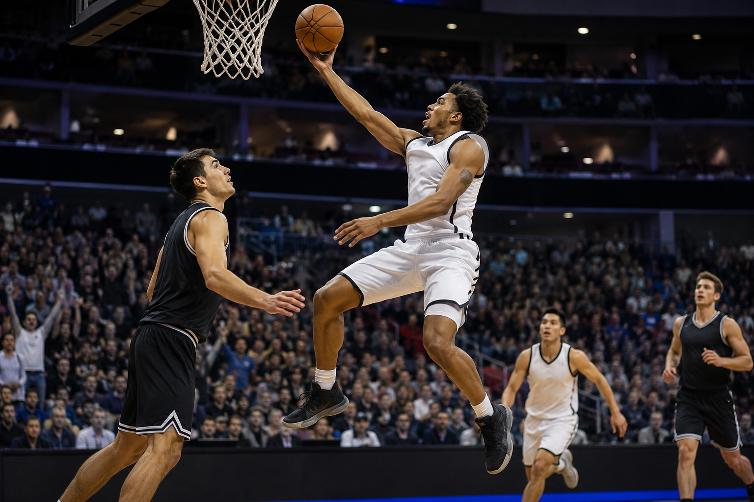 Basketball player driving to the basket and scoring, an example of a sports highlight moment
