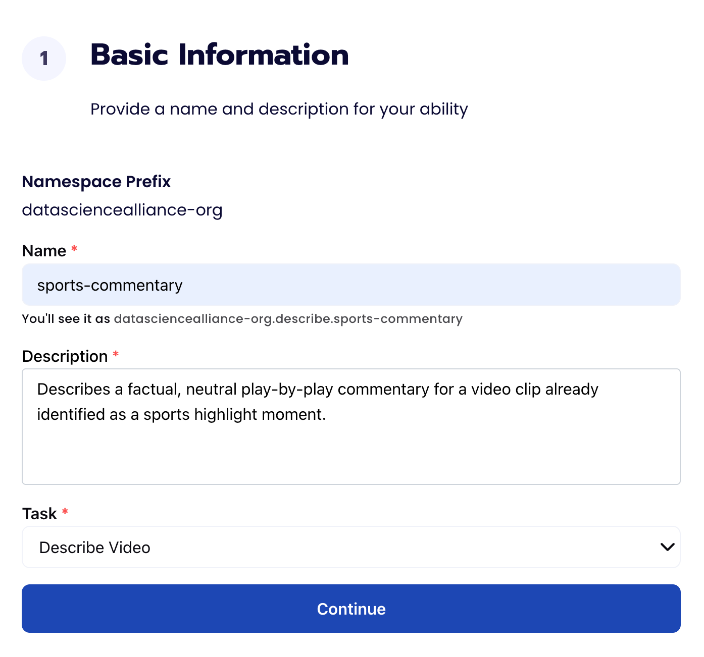 Basic Information form showing the ability name, description, and Describe Video task type