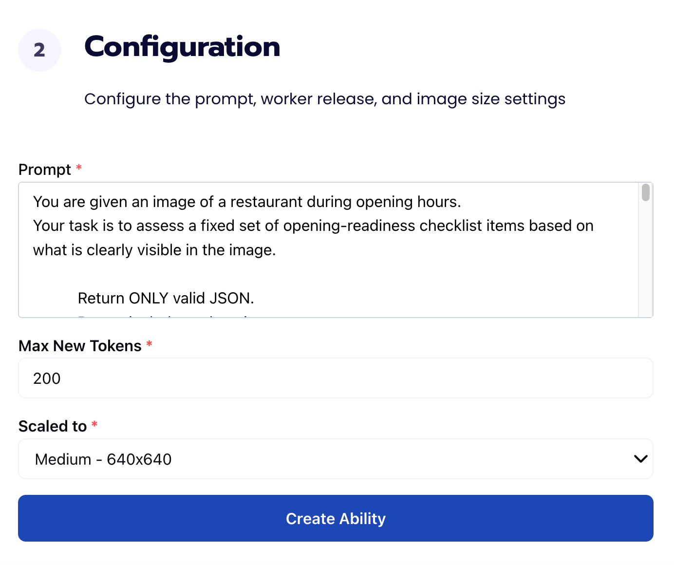 Configuration step showing Max New Tokens set to 200 and Scaled to Medium 640x640