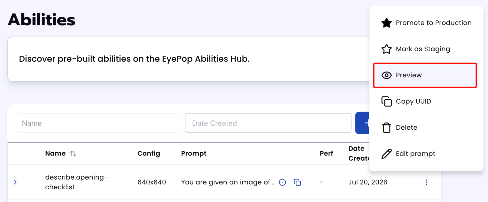 Ability list dropdown menu with the Preview option highlighted