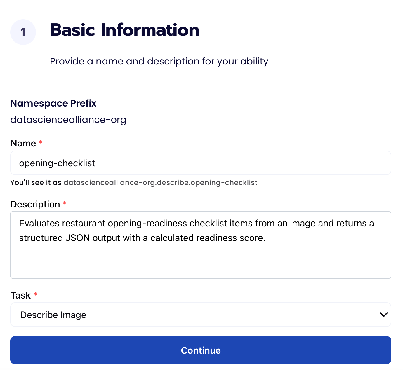 Basic Information form with namespace, name, description, and Describe Image task type