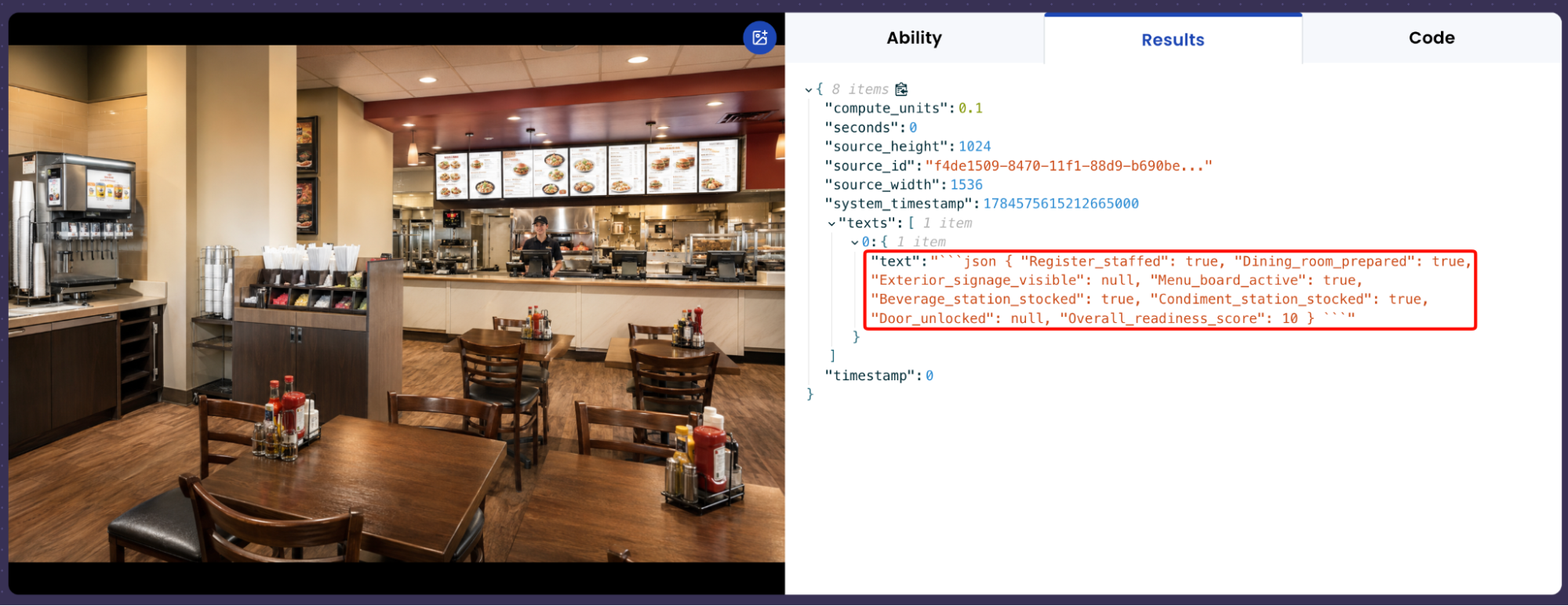 Preview results panel showing the restaurant image and the returned JSON readiness checklist
