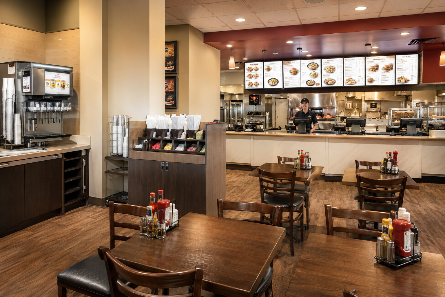 Quick-service restaurant interior with staffed registers, prepared dining room, and stocked beverage and condiment stations