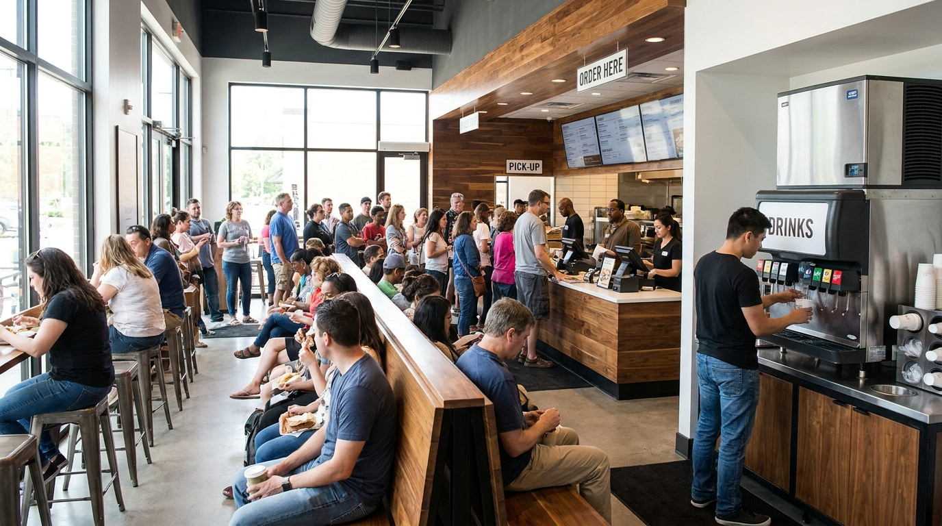 Busy QSR restaurant lobby with a long ordering line, crowded seating, and a beverage station